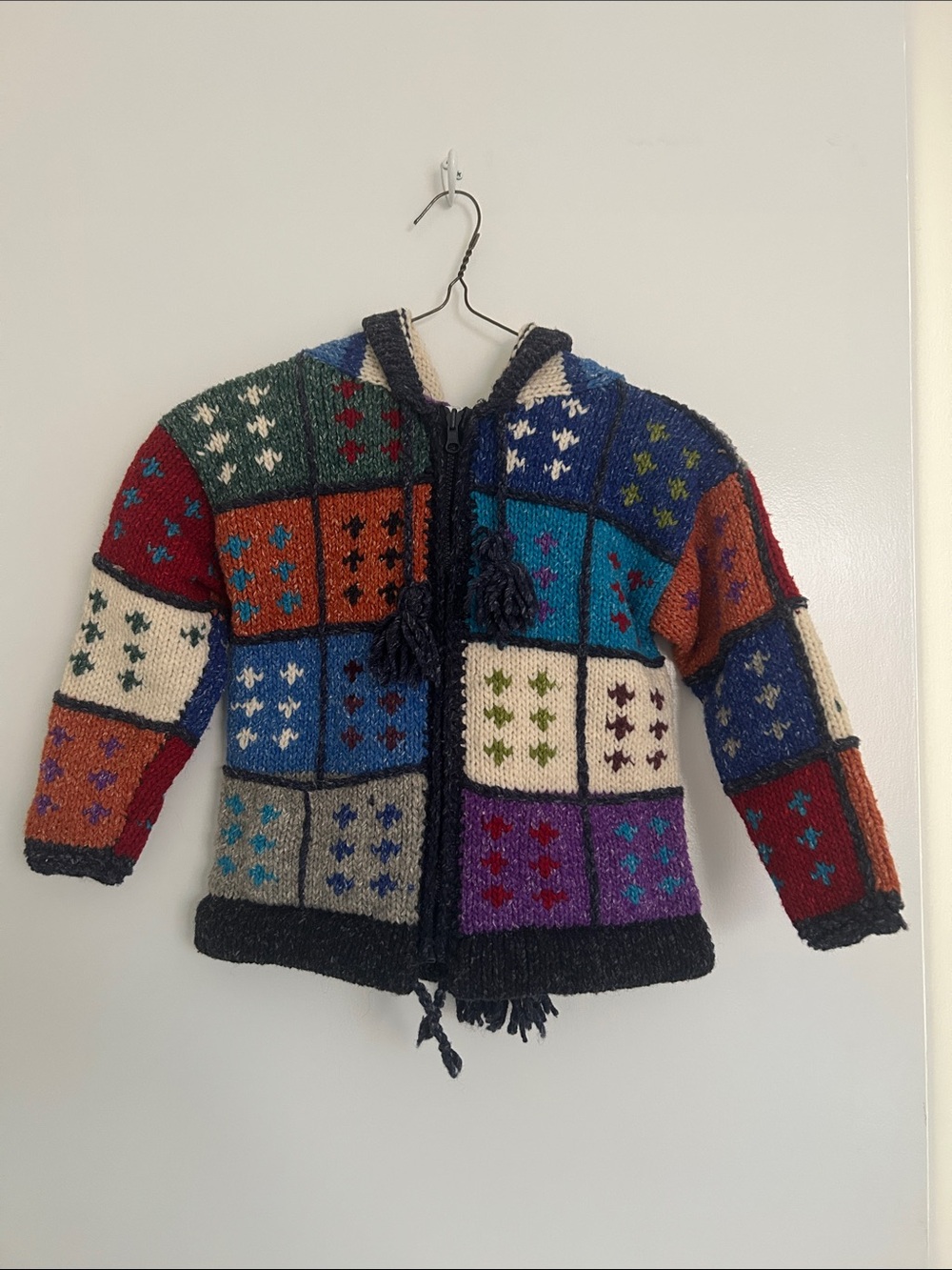 Knitted Kids XL Color Squares hood+tassel with zipper sweater cardigan jacket